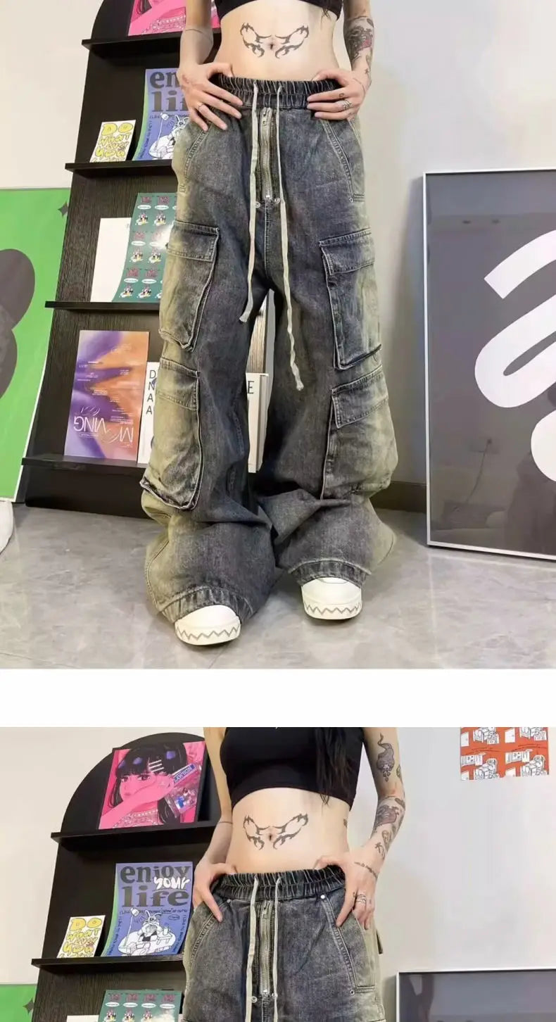 Threebooy Street men and women trendy and personalized hip-hop straight leg washed gradient jeans for couples loose casual Harajuku pants