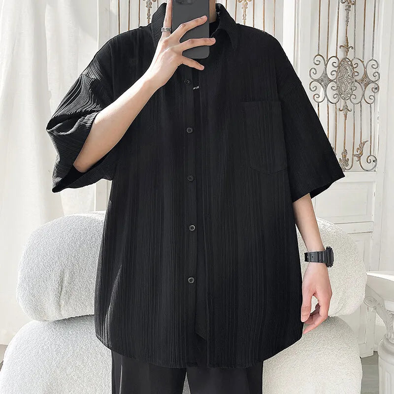 Threebooy  Summer Short Sleeved Shirt Men Black White Casual Shirt Men Streetwear Korean Loose Pleated Shirt Mens Ice Silk Shirts 4XL