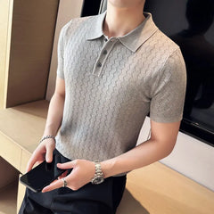 Threebooy British Style Men's Summer Casual Short-sleeved POLO Shirt/Male Slim Fit High Quality Wavy Striped Knitted Polo Shirt S-3XL