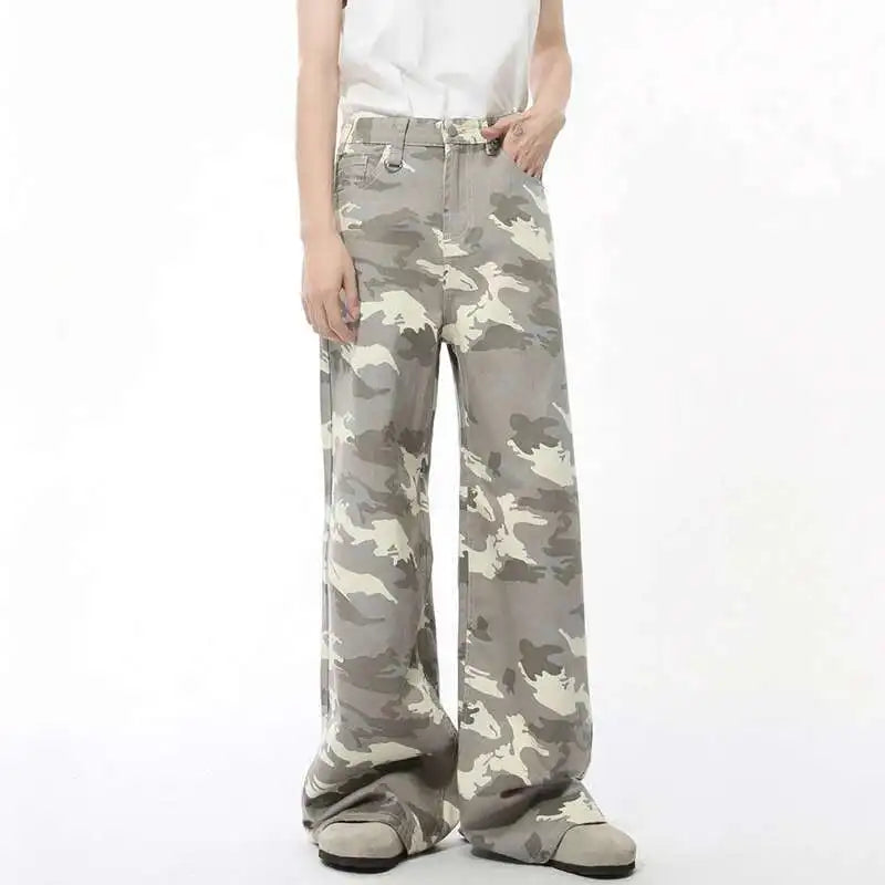 Threebooy  High Street Men's Denim Pants Camouflage Casaul Straight Bottom Simple Wide Leg Loose Trousers Spring Stylish 2025