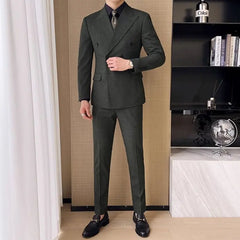 Threebooy  Retro Double Breasted Suit For Men British Style Slim Fit Flowing Handsome Tuxedos For Men 2 Piece Set Business Commuting