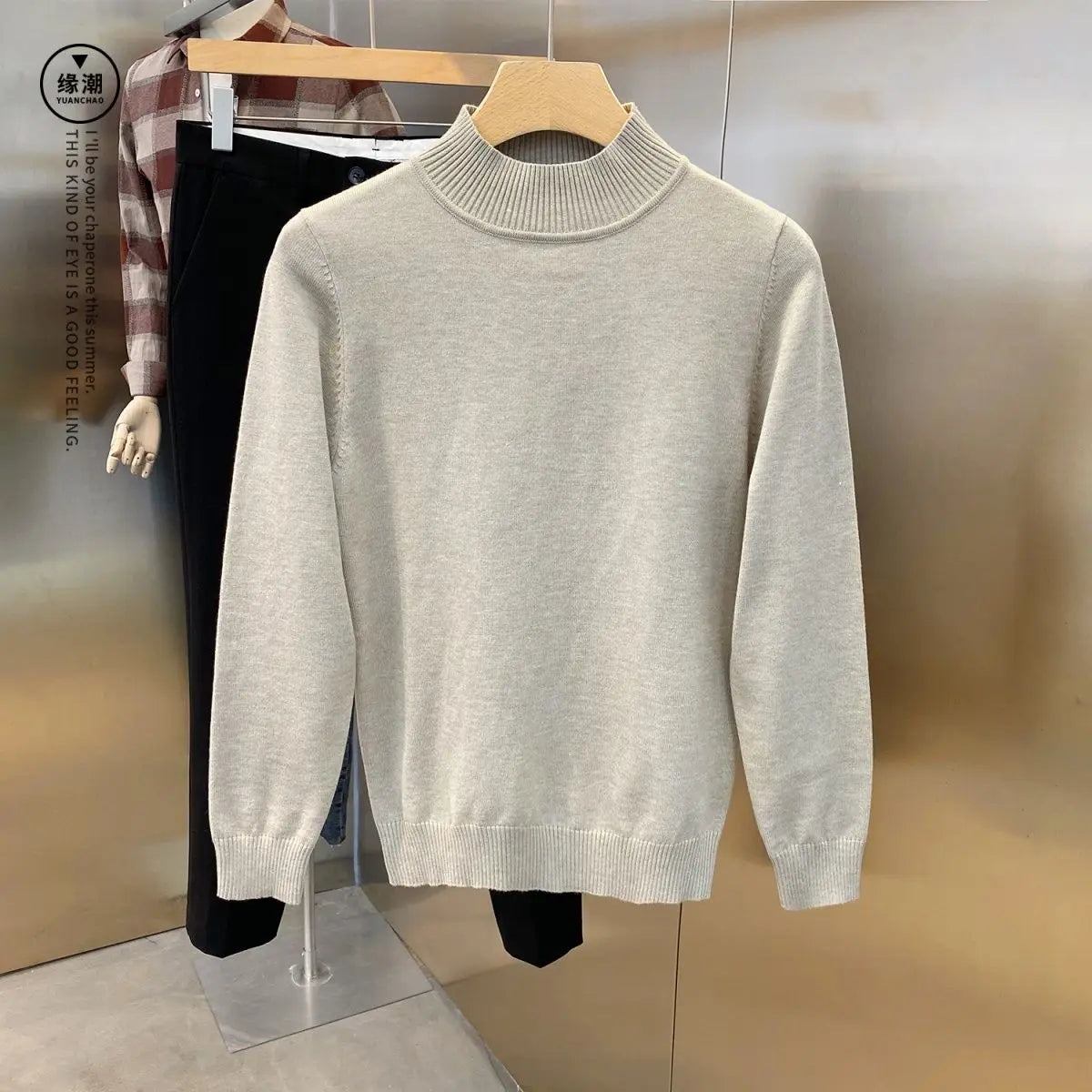 Threebooy  Spring and Autumn Men's Half High Collar Solid Color Pullover Splice Casual Fashion Elegant Commuter Long Sleeve Sweater