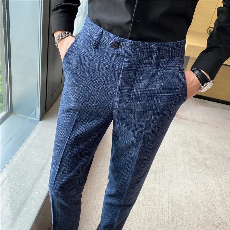 Threebooy  Chic Coffee Blue Grey Pants Men Elegant Slim Fit Plaid Suit Trousers Pants For Men Office Party Trousers Mens Dress Pants