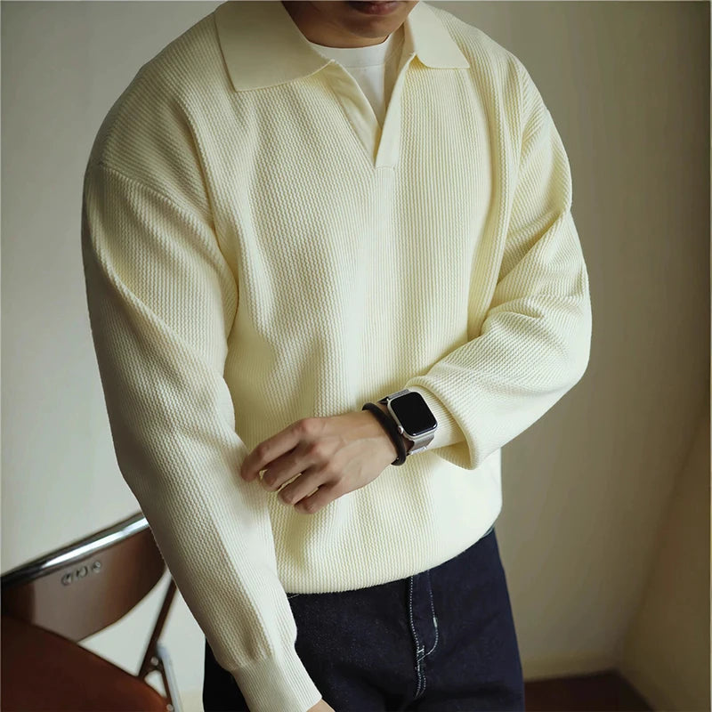 Threebooy  New American Chic Men Polo Sweater Luxury Trendy Business V Neck Knit Solid Color Pullover Leisure Slim-fit Long Sleeve Knitwear