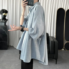 Threebooy Summer Cool Men Short-sleeved Shirt Solid Color Fashion Plicated Casual Loose Button Shirt Male Clothing Tops