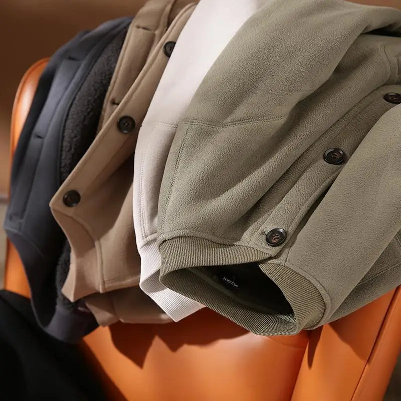 Threebooy Men's Jacket Autumn Winter Polar Fleece Stitching Double Layer Stand Collar Thickened Single-breasted Solid Color Jackets Tops