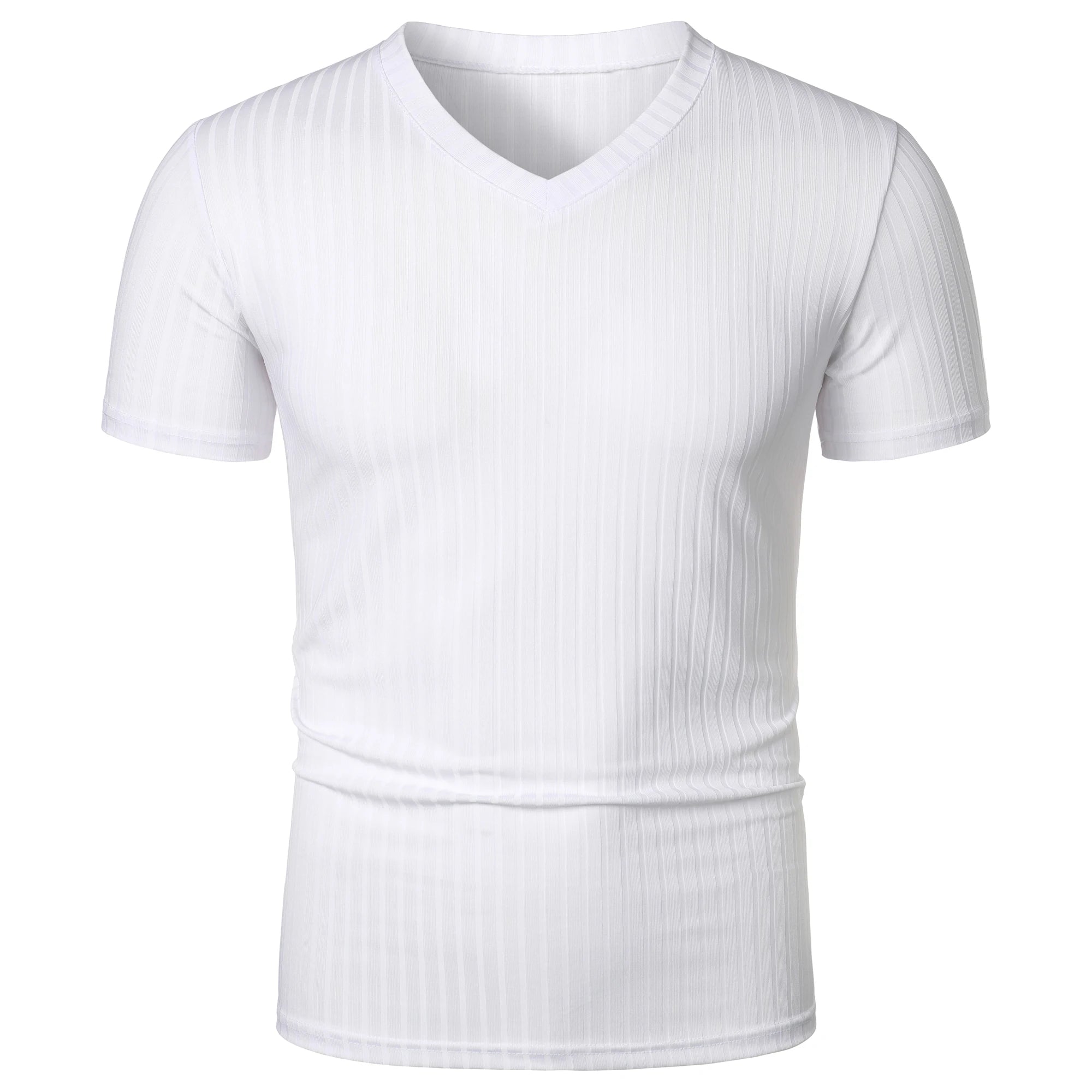 Threebooy  Men's running sports fitness wear summer high stretch vertical strip short sleeve V-neck slim knit base shirt