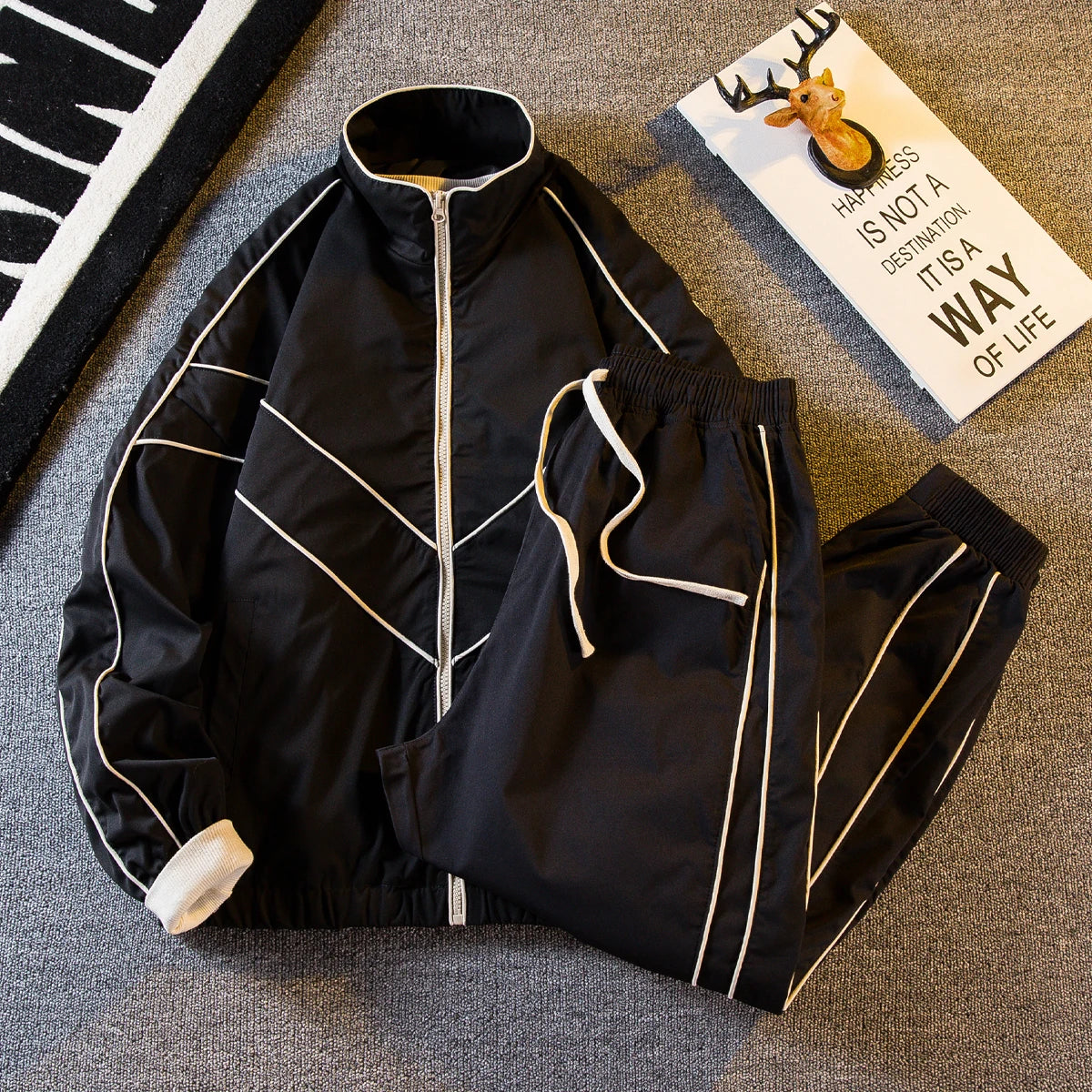 Threebooy American Hip Hop Tracksuit Spring Autumn Trendy Sportswear Jacket Men's Suit Korean Boys Handsome Casual Matching Two-piece Set