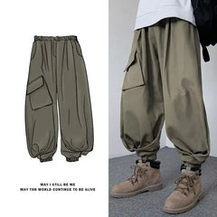 Threebooy  Japanese Style Loose-fit Wide-leg Cargo Pants For Men Autumn/winter Casual Vintage Pants Sensibilityniche Design