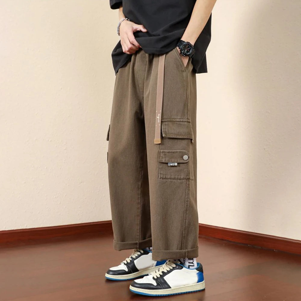 Threebooy Mens Casual Cargo Pants Hip-Hop Solid Color High Street Retro Loose Japanese Straight Pants Spring and Autumn New Style