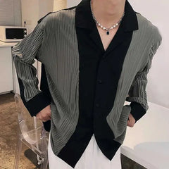 Threebooy Mens Patchwork Contrasting Pleated Long-Sleeved Shirt 2024 New Genderless British Elegant Fashion Retro Loose Shirt Unisex