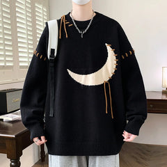 Threebooy  Winter Moon Graphic Jacquard Christmas Sweaters For Man High Street Fashion Crewneck Pullovers Retro Elegant Y2K Knitwear