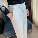 Threebooy  British Style Autumn New Solid High Waist Trousers Men Formal Pants High Quality Slim Fit Business Casual Suit Pants Hommes