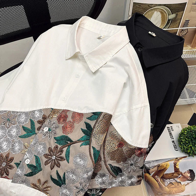 Threebooy  Summer Embroidered Shirts Men Fashion Casual Flower Shirts Mens Japanese Streetwear Loose Short Sleeve Shirts Men Plus Size