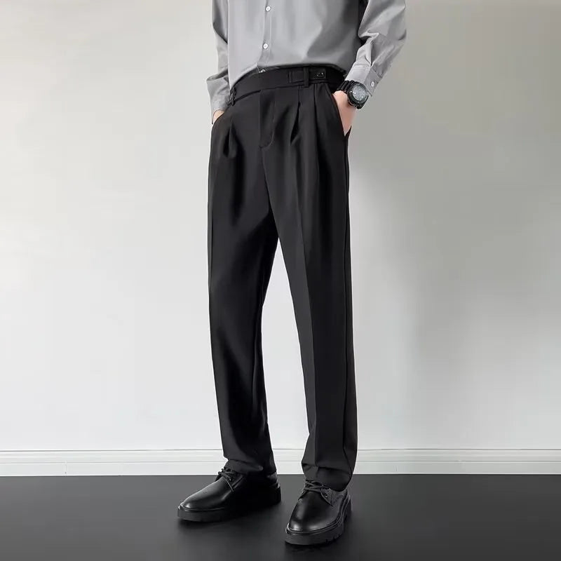 Threebooy  Men's Luxury Fitting Well Draped Baggy Suit Pants Casual Button Solid Color Straight Premium Dress Pants Urban Business Trousers