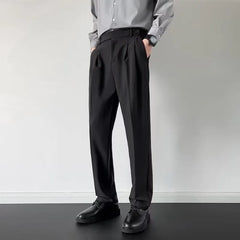Threebooy  Men's Luxury Fitting Well Draped Baggy Suit Pants Casual Button Solid Color Straight Premium Dress Pants Urban Business Trousers