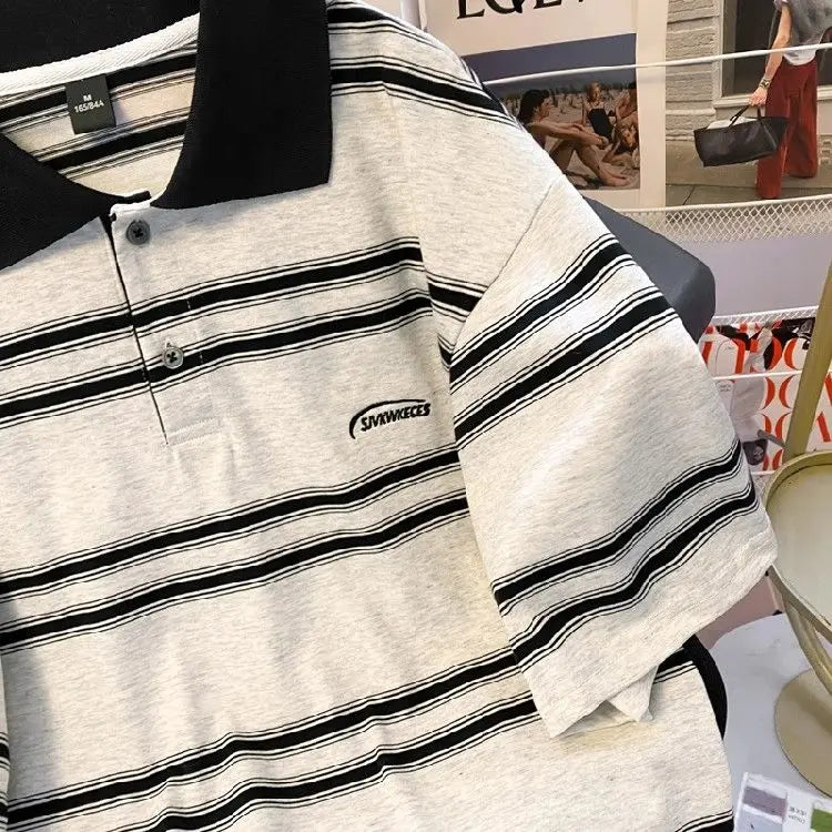 Threebooy High street hip-hop men and women trendy personalized striped polo short sleeved couple summer loose retro casual Harajuku top