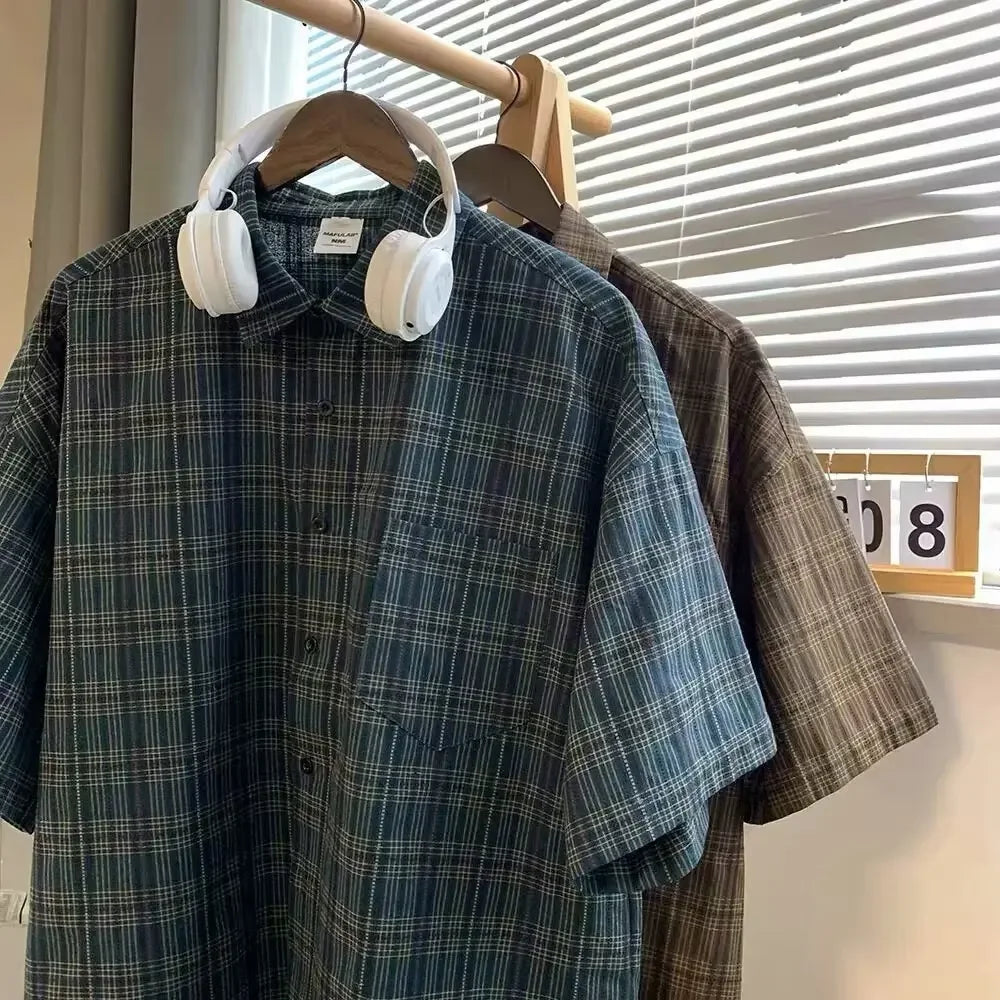 Threebooy  Japanese Vintage Plaid Short Sleeve Shirt Men's Streetwear Loose Fit High-end Feel Casual Stylish Versatile Half Sleeve Jacket