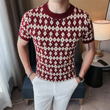 Threebooy  Korean Style High Quality For Men Plaid Short Seeve Knit Sweater/Male Slim Fit Fahion O-Neck Set head Knit Sweaters Homme