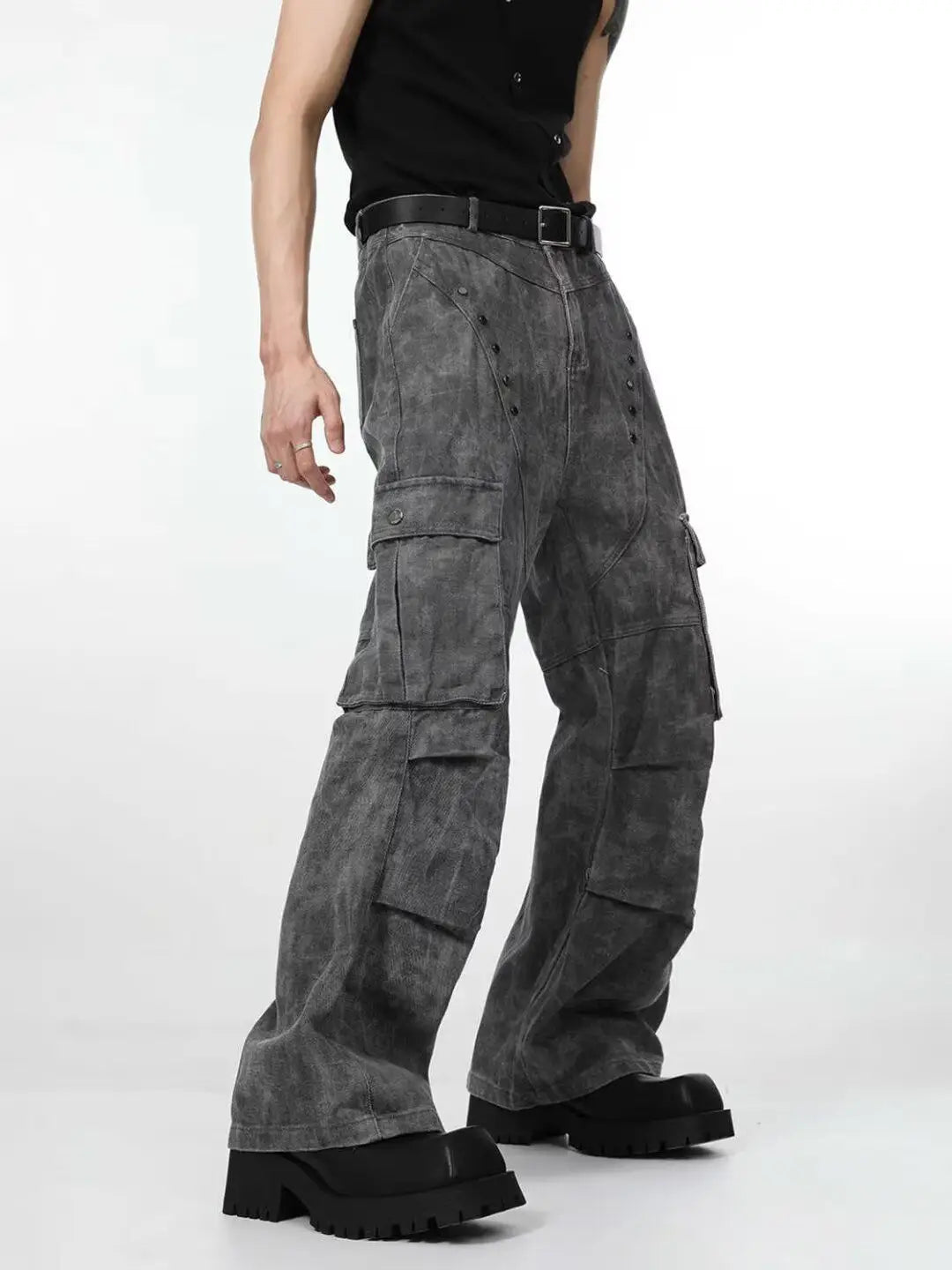 Threebooy American high street hip-hop men and women trendy personality straight leg multi pocket jeans couple loose retro casual pants