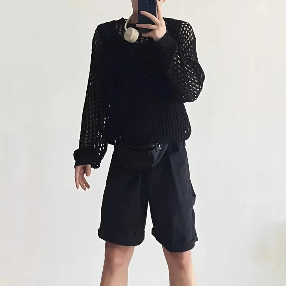 Threebooy  High-End Hollow Round Neck Sweater Mens Spring And Autumn New Loose Knitted Sweater Design Niche Long-Sleeved Outerwear Tops Men