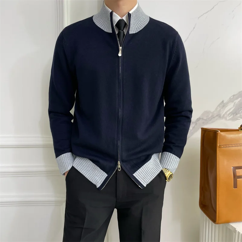 Threebooy British Style Slim-fit Sweater with Stand-up Collar American Casual Color-blocked Zipper Cardigan Woolen Top Trendy Jacket Chic