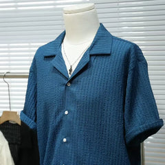 Threebooy  Cuban Collar Design Hollowed Out Loose Shirts Men Summer Ice Silk Short Sleeved Knitted Lapel Shirt Casual Social Streetwear Top