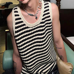 Threebooy  Striped Knitted Summer Tanks Tops Men's O-Neck Korean Knitwear Shirts Sleeveless Streetwear Loose Top Vintage Cropped Sexy