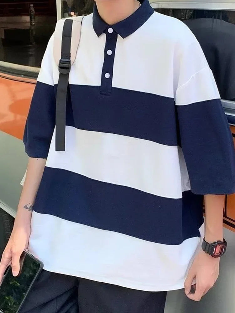 Threebooy  Japanese Retro Striped Polo Shirt For Men Summer Casual Short Sleeve Colorblock Polo T-shirt Golf Wear Lapel Shirts Clothes