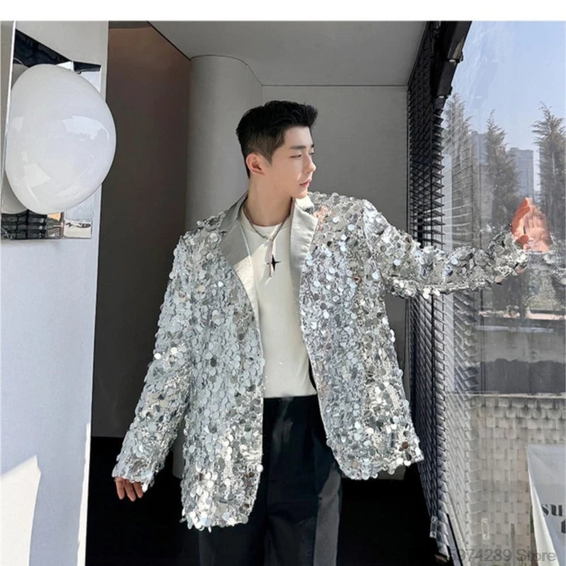 Threebooy Men's Sequins Blazer Glitters Bling Suit Jacket Singer Stage Shiny Clothing Black Silver Oversize Party Suit Coat Man