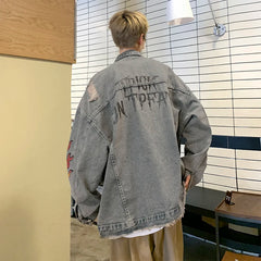 Threebooy Flame Embroidery Perforated Denim Coat Men's Spring and Autumn Street Fashion Brand Hip Hop Loose Couple Retro Jacket