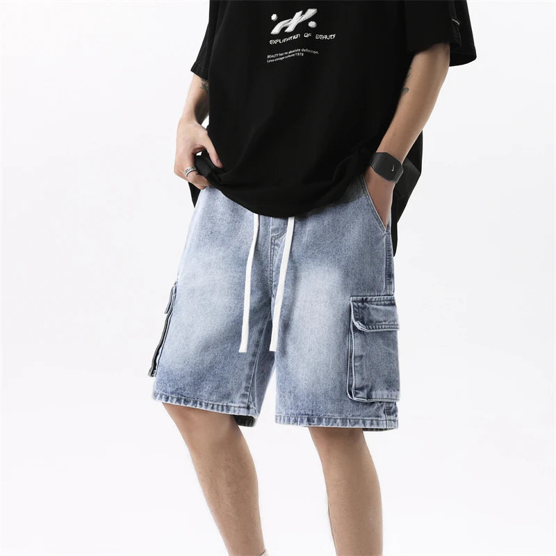 Threebooy  Summer Men's Workwear Denim Shorts Retro Fashion Elastic Waist Loose Straight Leg  Large Pocket Shorts Brand Men's Clothing