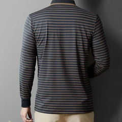 Threebooy  Men Breathable Pure Cotton Polo Shirts Long Sleeve Spring Autumn Casual Striped Turn-down Collar Real Pocket Comfortable Tops