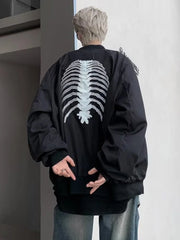 Threebooy American High Street Hiphop Skeleton Embroidered Baseball Coat Men's Autumn Fashion Brand Dark Black Pilot Jacket fall