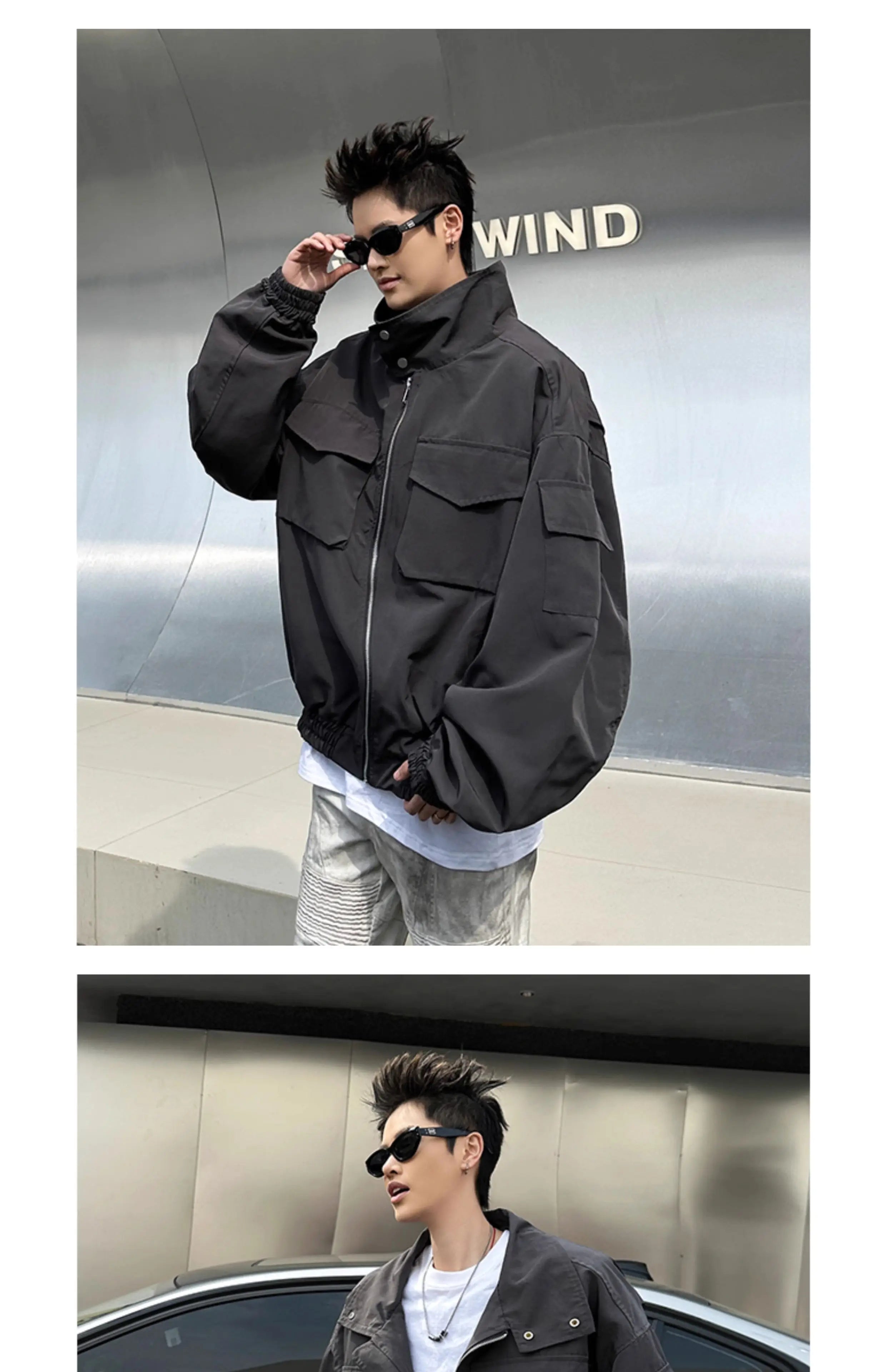 Threebooy Outdoor Work Jacket Men's Spring Autumn American Retro Zipper Coat Silhouette Bomber Handsome High Street Flying Work Jacket