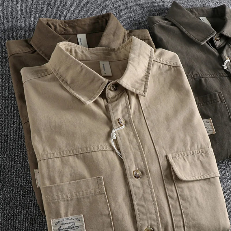 Threebooy  Autumn Loose Youth Workwear Shirt Coat For Male Simple Retro Solid Color 100% Cotton Drop Shoulder Long Sleeve Shirt Men