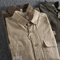 Threebooy  Autumn Loose Youth Workwear Shirt Coat For Male Simple Retro Solid Color 100% Cotton Drop Shoulder Long Sleeve Shirt Men