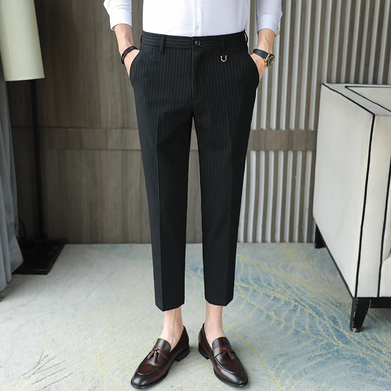 Threebooy  New Striped Nine-point Suit Pants Korean Fashion Slim Casual High-quality Trendy Office Trousers Plus Size 29-36