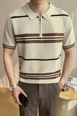 Threebooy  Summer Knitted Striped Polo Shirts Men Half Zip Short Sleeved Lapel T-shirt Slim Fit Business Casual Formal Social Polos