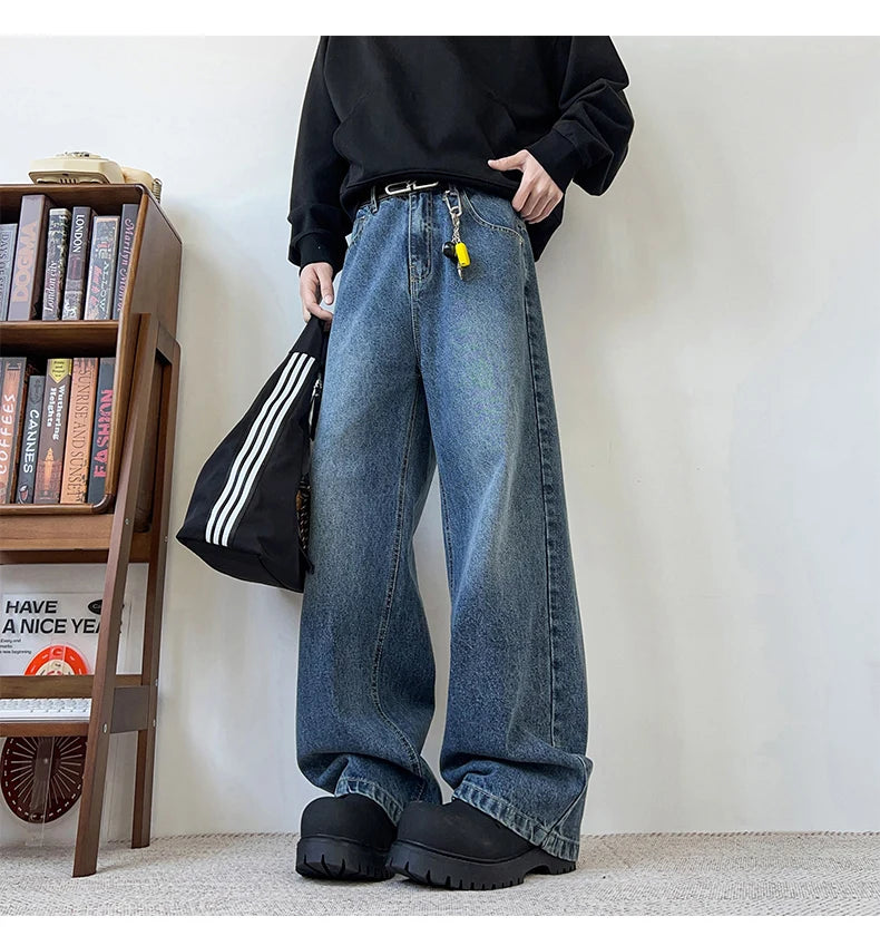 Threebooy Men's Wide Leg Curved-Knife Jeans Summer American Bamboo Pattern Striped Texture Design Men Trendy Denim Pants 2025 Baggy Jeans