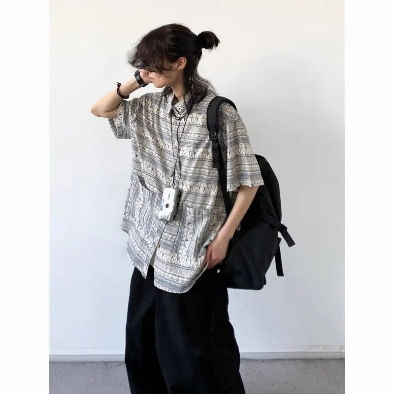 Threebooy Japanese Retro Blouse Loose Ethnic Short-sleeved Shirt Men Women Korean Summer Fashion High-end College Style Versatile Shirt