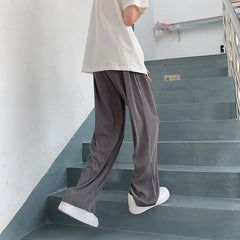 Threebooy  Summer Pleated Pants Men Oversized Gray Black Casual Trousers Men Japanese Streetwear Loose Wide Leg Pants Mens Ice Silk Pants