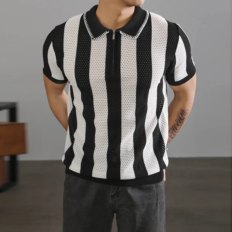 Threebooy New Chic Striped Polo Shirt Light Luxury Hollow Out Knitted T-shirts Korean Style Zipper Short Sleeve Tops Breathable Knitwear