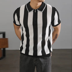Threebooy New Chic Striped Polo Shirt Light Luxury Hollow Out Knitted T-shirts Korean Style Zipper Short Sleeve Tops Breathable Knitwear