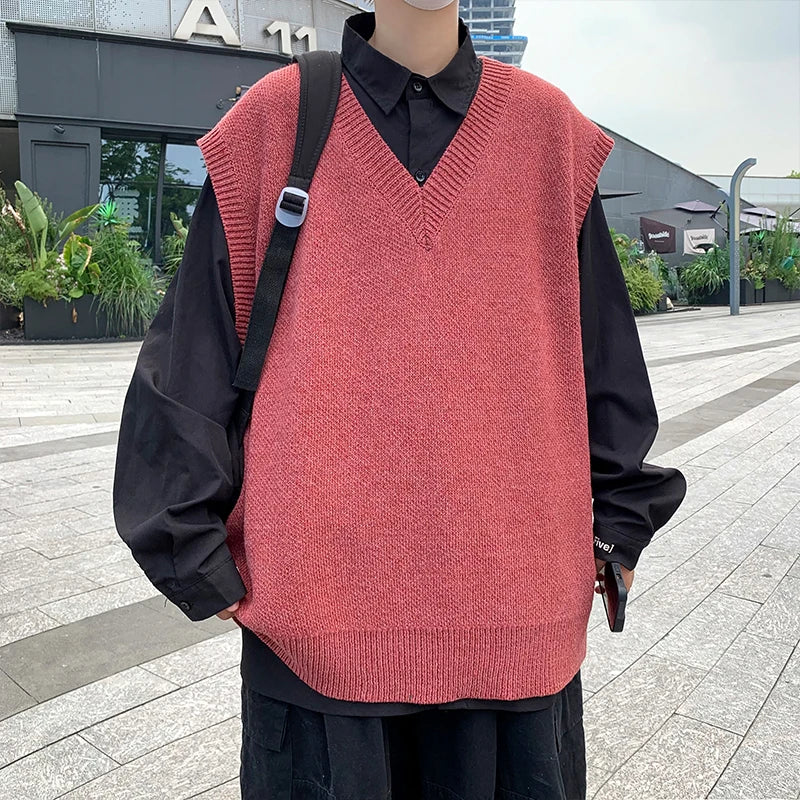 Threebooy Autumn Streetwear Mens Loose Sweater Vest Casual Thermal Oversized Winter Sweater Vest Men Sweater Vest  for Daily Wear