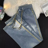 Threebooy American Retro Drawstring Jeans Men's High Street Causal Loose Straight Draping Wide Leg Pants Men Trousers Male