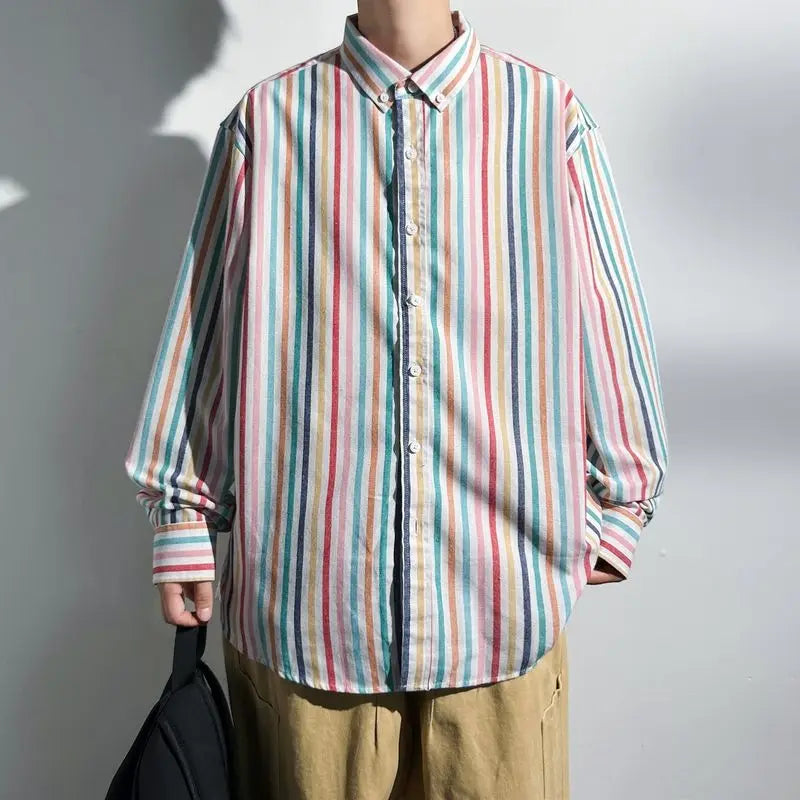 Threebooy  Spring Autumn Men's New Splicing Square Collar Button Stripe Fashion Minimalist Casual Loose All-match Long Sleeve Shirts