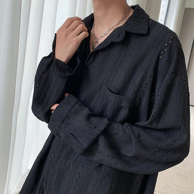 Threebooy Shirts for Men Hollow Out Lapel Men Blouse Vacation Sexy Handsome Fashion Men Clothing Mesh Long-sleeved Shirts Black/Apricot