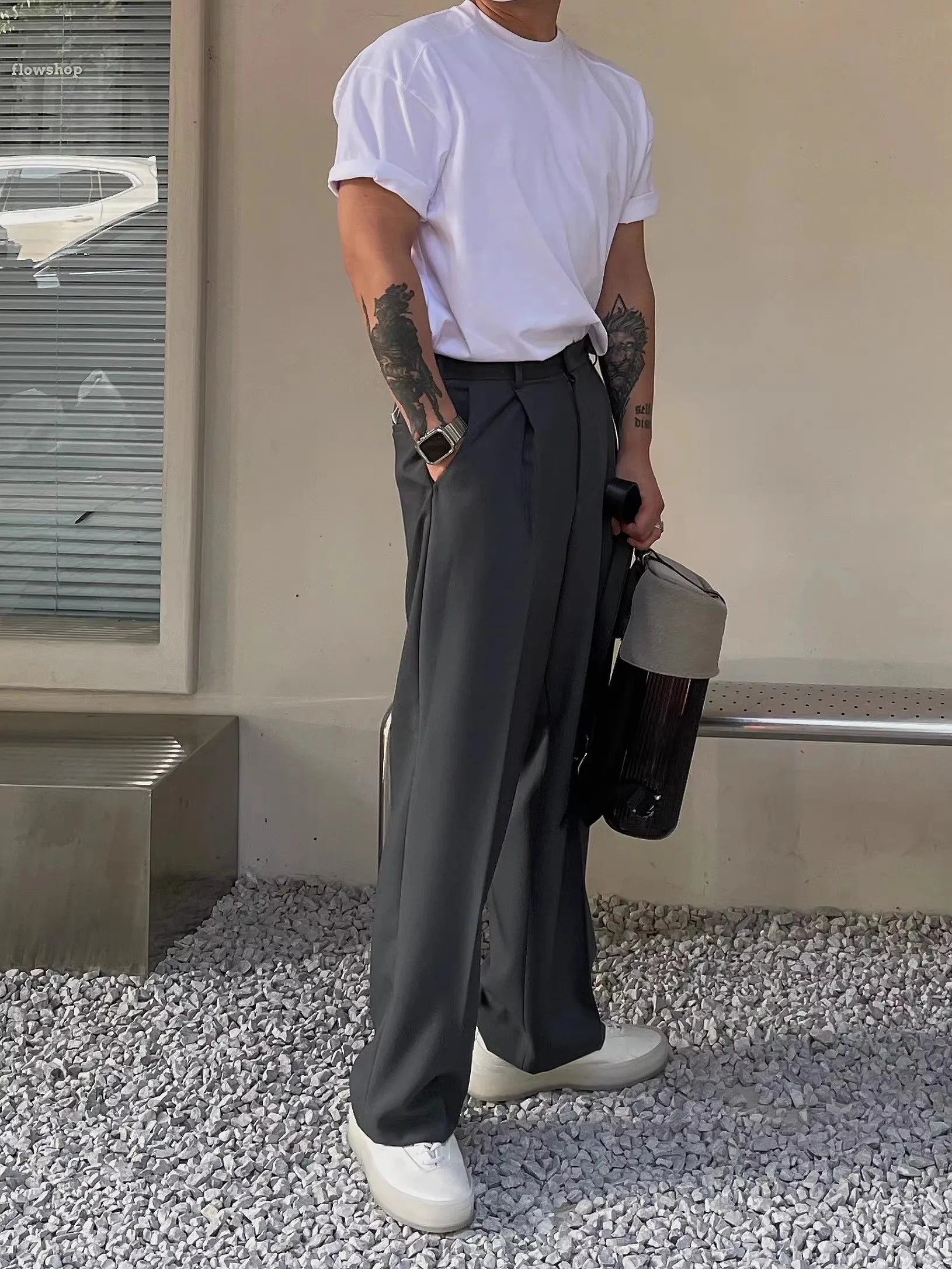 Threebooy Gray Suit Pants Men Fashion Business Society Mens Dress Pants Korean Loose Straight Pants Mens Office Formal Trousers M-2XL