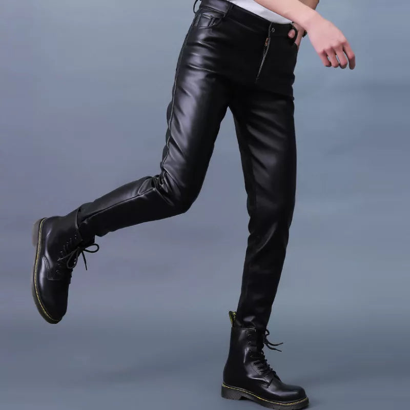 Threebooy Men Leather Pants Slim PU Leather Trousers Fashion Elastic Motorcycle Leather Pants Waterproof Oil-Proof Male Bottoms Oversized